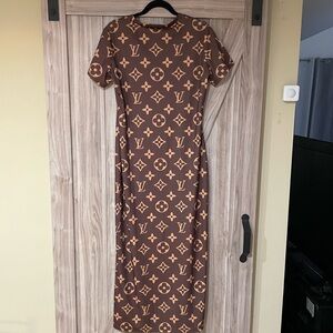 Brown Designer Patterned Monogram Dress! L-2X
